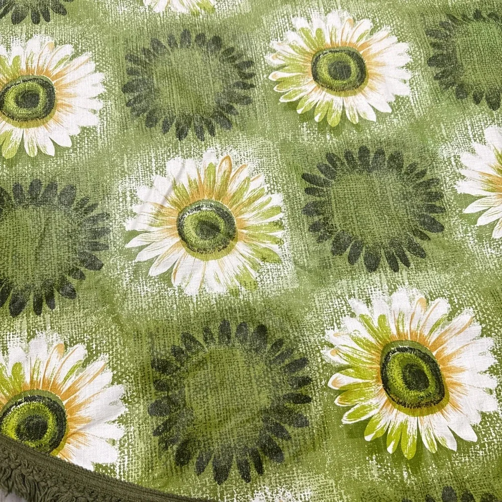 VTG 1970s Flower Power Tablecloth Fringe Hippie Daisy Oval Avocado Green 57x84